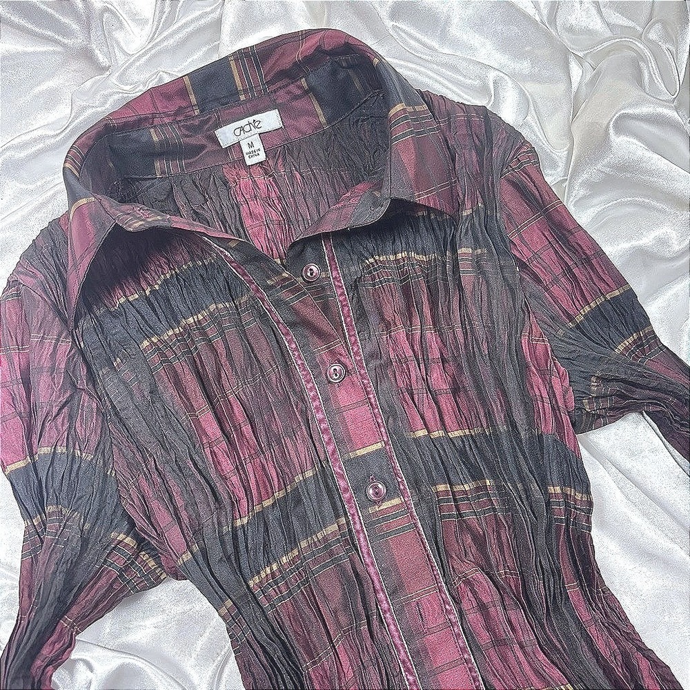 y2k Cache Button Down Top Burgundy Crinkle Pleat Plaid Metallic M